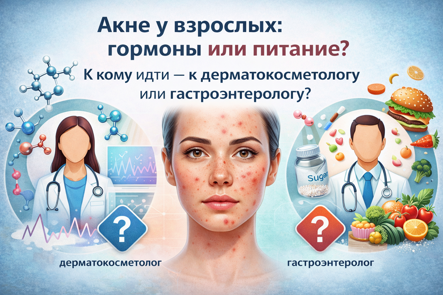 Акне у взрослых: гормоны или питание? К кому идти — к гастроэнтерологу или косметологу?